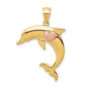 14k Two Tone Mini Small Dolphin Nautical with Heart Necklace Charm Pendant